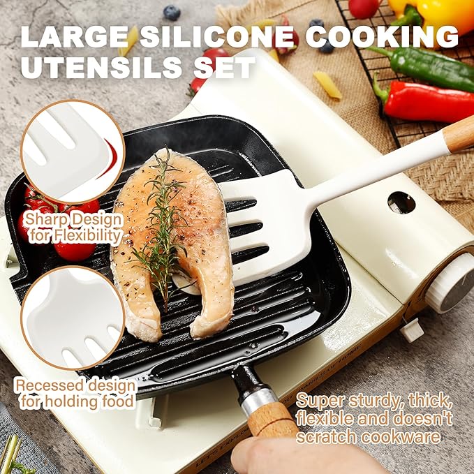 QMVESS Silicone Cooking Utensils Set, Kitchen Utensils Set 7 Pcs with Long Wooden Handle, Food Grade and Heat Resistant Large Silicone Spatula Set for Nonstick Cookware, BPA Free（White）