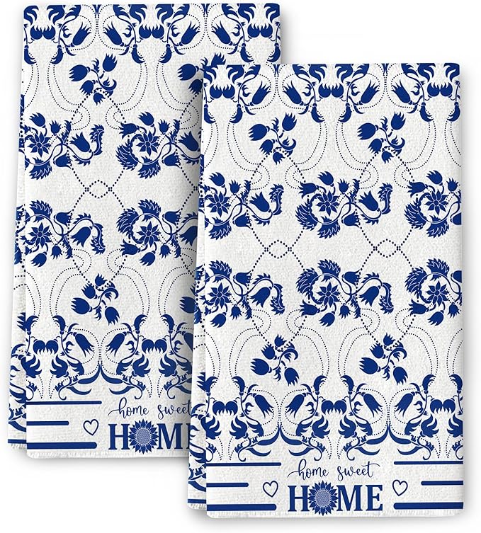 Blue Kitchen Towels Decorative Set of 2, Absorbent Boho Floral Dish Towels for Kitchen Drying Cleaning, Cute Dish Cloths for Bar Bathroom Decor, Housewarming Gifts for Women