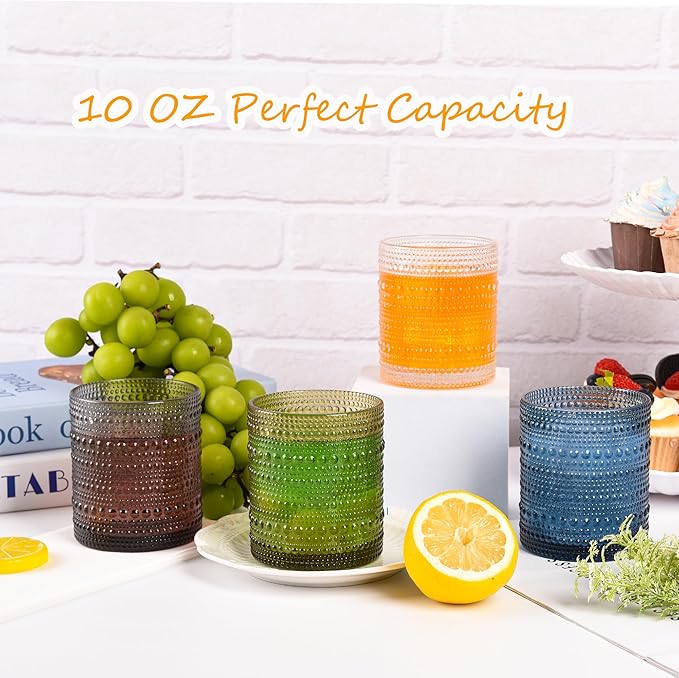 Cocktail Glasses 10 oz Hobnail Drinking Glasses Set of 6, Vintage Glassware, Textured Glass Cups Bubble Glasses Water Glasses Old Fashion Jupiter Glasses Set, clear