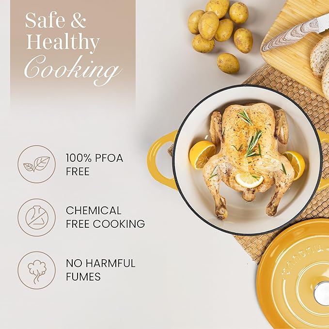 Nuovva Enamelled Cast Iron Dutch Oven Pot with Lid 6.4 Quart Non Stick Casserole Pot – Heavy Duty & Oven Safe up to 500° F for Bread Baking, Braising, Stews, Roasting – 28cm Yellow