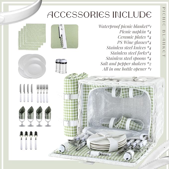 Picnic Basket Set for 4 with Waterproof Blanket Mat Insulation Bag Wicker White Green Plaid Fresh Cottagecore Gift for Wedding Birthday Summer Camp Outdoor Camping Christmas Thanksgiving