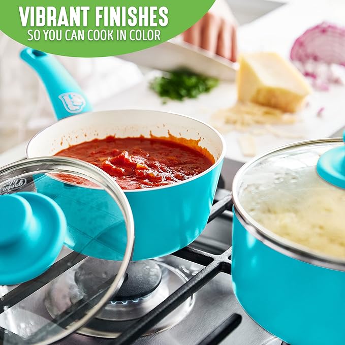 GreenLife Soft Grip 1QT and 2QT Saucepan Set, Healthy Ceramic Nonstick, Non Toxic PFAS & PFOA-Free, Dishwasher Safe, Glass Lids, Stay-Cool Handles, Easy Clean Cookware, Kitchen Essentials, Bright Blue