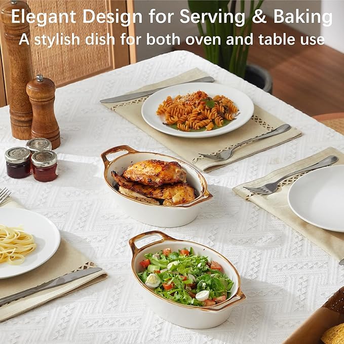 Au Gratin Baking Dish, Ceramic Oval Baking Dishes with Handles, 20 oz Small Casserole Dishes for Oven, 6x8 Individual Baking Dishes for Oven, Single Serving Dishes for 1-2 People, Set of 4, Brown Rim