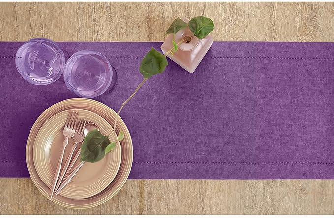 Solino Home Linen Purple Table Runner 48 Inches - Classic Hemstitch, 100% Pure Linen Coffee Table Runner 14 x 48 Inch Ideal for Dresser Tables - Summer, Fall, Autumn, Halloween