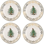 Spode Christmas Tree Gold Salad Plate (Set of 4) - 8-Inch Porcelain Dinner & Appetizer Plate, Christmas Dinnerware, Microwave & Dishwasher Safe, Festive Collectible Seasonal Dining Plate