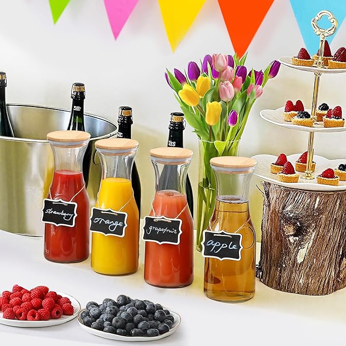 Set of 2 Circular Glass Carafe, 1 Liter Beverage Serveware Carafe with Bamboo Lid, Water Bottles, Clear Glass Pitchers for Mimosa Bar, Milk, Juice, Lemonade(2 Bottles)