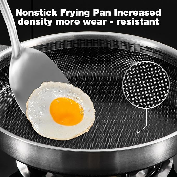 8-10 Inch Non Stick Frying Pans, NonStick Stainless Steel Pan Set, Tri-Ply Skillets and Pan Set with Lid, Induction Cooker Compatible, Cool-Touch Handle, Dishwasher and Oven Safe