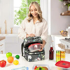 OPUX Lunch Box For Women, Insulated Large Lunch Bag Adult Work, Double Decker Lunchbox Meal Prep, Dual Compartment Leakproof Lunch Cooler, Lunch Pail Tote for Girls Kids School, Floral Gray 16 Cans