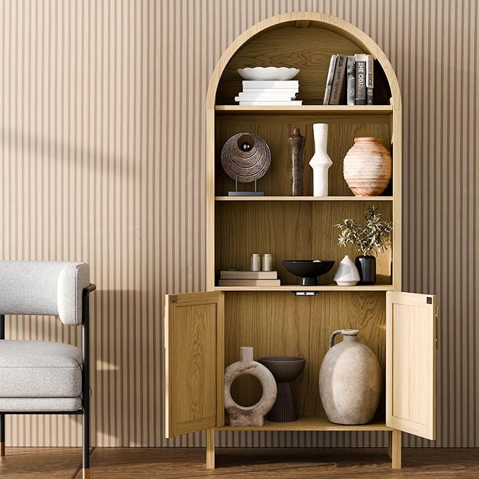 Arch Storage Cabinet with Beech-Wooden Door, 60” Cute Arched Display Cabinet, 4 Tier Farmhouse Buffet Cabinets with Storage for Dining Room, Living Room, Home Office or Kitchen (Oak)