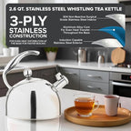Viking 3-Ply Stainless Steel Tea Kettle, 2.6 Quart Stovetop Hot Water Pot with Tempered Glass Lid, Ergonomic Handle, Induction Ready, Satin Silver