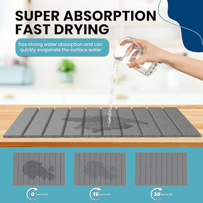 Stone Drying Mat for Kitchen Counter W/ Tote Bag, Large Stone Dish Drying Mat Foldable, Absorbent Diatomaceous Quick Dry Stone Mat Kitchen Dishes Bottles Cups Bathroom Any Countertop 23" x 15.3"