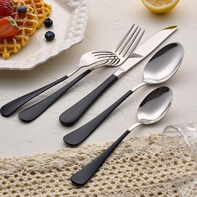 20-Pieces Black Silverware Sets for 4,Black Handle Stainless Steel Cutlery Set, Include Forks Spoons and Knives Set, Dishwasher Safe Utensil Sets for Home Restaurant