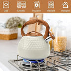GGC Tea Kettle for Stove Top, Loud Whistling Kettle for Boiling Water Coffee or Milk, 3.1 Quart 3L Heavy Stainless Steel White Kettles with Wood Pattern Handle, Unique Button Control Kettle Outle