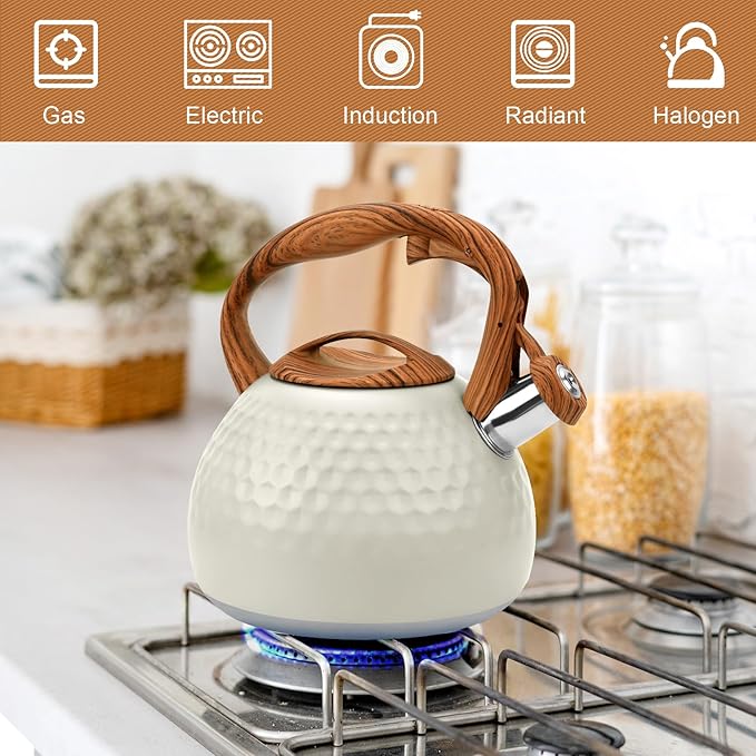GGC Tea Kettle for Stove Top, Loud Whistling Kettle for Boiling Water Coffee or Milk, 3.1 Quart 3L Heavy Stainless Steel White Kettles with Wood Pattern Handle, Unique Button Control Kettle Outle