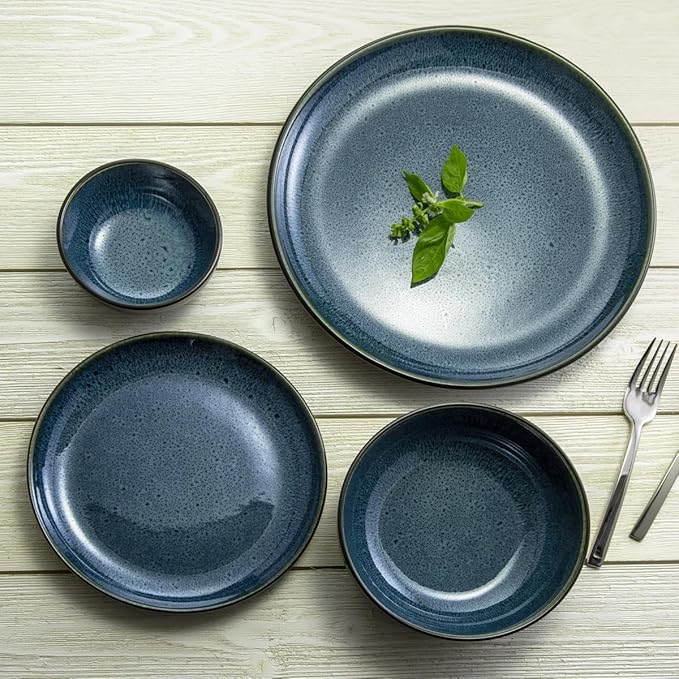 Sango Resona 16-Piece Blue Stoneware Dinnerware Set – Service for 4, Plate and Bowl Set, Delicate Blue Interior, Microwave & Dishwasher Safe, for Everyday Dining & Entertainment