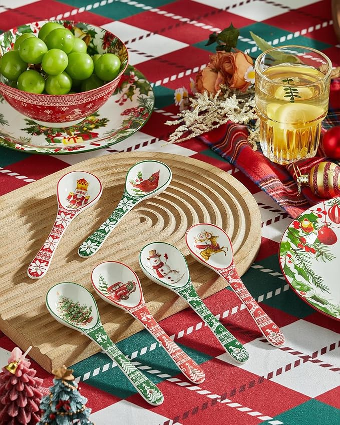 Christmas Spoons, Ceramic Small Serving Spoons for Soups, Cereal, Ice Cream, Condiments, Dips, Charcuterie Boards, Dishwasher & Microwave Safe, Watercolor, Set of 6