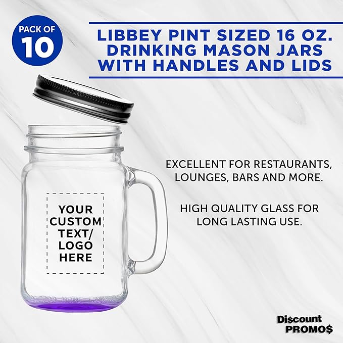 DISCOUNT PROMOS Custom Libbey Handle Mason Jars w/Lids 16 oz. Set of 10, Personalized Bulk Pack - Traditional style, High standard - Purple