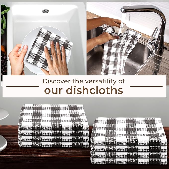 Urban Villa Cotton Dish Cloth Set of 8, Waffle Kitchen Cloth 12x12 Inch Highly Absorbent Soft Dish Cloths for Kitchen Cleaning & Drying Dishes Mitered Corner Dish Towels - Grey White, Buffalo Checks