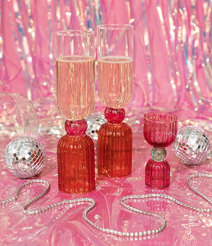 ban.do Cocktail Measuring Jigger, Double Jigger Shot Glass, 1/2 and 1 Shot Measuring Cup, Pink Glass Bar Tool, Tipsy Turvy