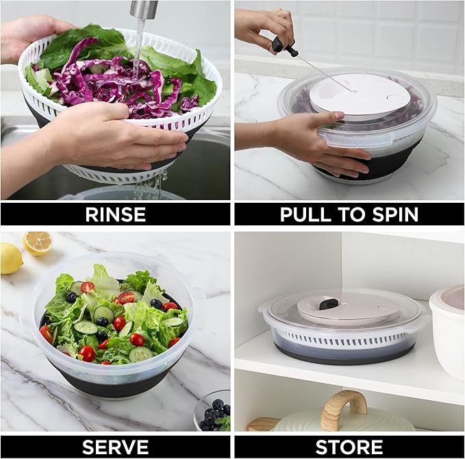 COOK WITH COLOR Collapsible Salad Spinner - 4 QT Space Saving Lettuce Dryer with Folding Collapsible Colander Great for Washing and Drying Fruit and Vegetables (Black)