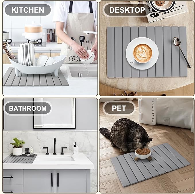 Large Stone Dish Drying Mat for Kitchen Counter – Foldable, Quick Dry, Ultra Absorbent Diatomaceous Earth Mat for Dishes, Bottles, Cups, Countertops & Bathroom, 24"×16" (Gray)