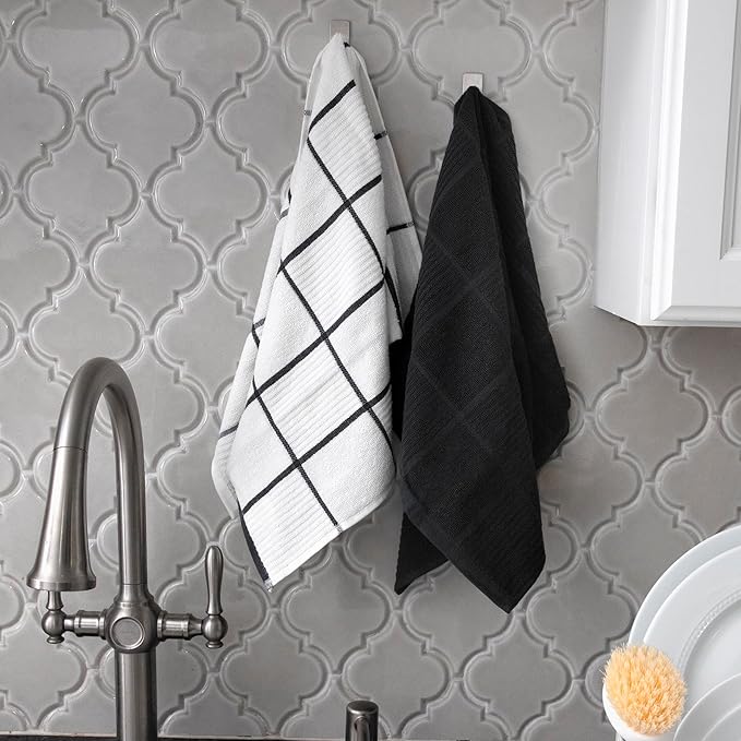 T-fal Solid & Checked Parquet Kitchen Towels: Highly Absorbent, Super Soft Long Lasting - 100% Cotton, 16"x26" Dish Towels for Cleaning & Drying Dishes, Pans, Glassware, Countertops, 6-Pack, Charcoal