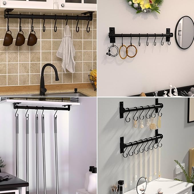 Dseap Kitchen Utensil Holder Hanger, Pot and Pan Rack Wall Mounted, Kitchen Rail with 8 Hooks for Hanging Cooking Utensils, Mugs, Spoons, Wall Mounted, Black