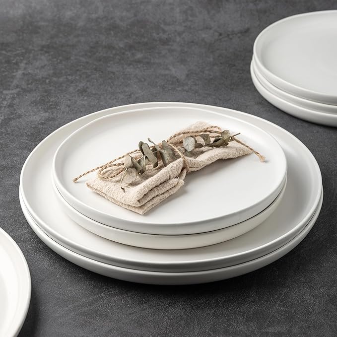 AmorArc Ceramic Dinner Salad Plates Set of 6, Wavy Rim 8.5 Inch Dish Set, The Dessert,Salad, Appetizer, Small Dinner etc Plate,Microwave, Dishwasher Safe, Scratch Resistant - Matte White