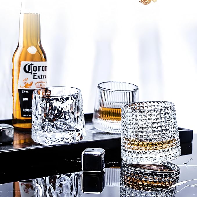 Crystal Whiskey Glasses 5 OZ Set of 3, Rotatable Old Fashioned Glasses, Tumbler Rocks Bar Glass for Drinking Bourbon, Scotch, Cocktails, Cognac（Small Size）