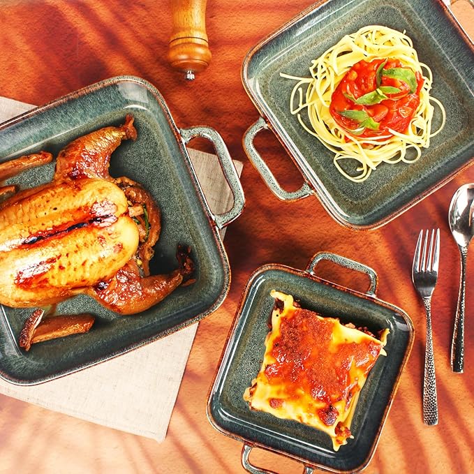 7" x 7" Porcelain Square Casserole Dishes, 2 pieces Baking Dish for Oven, 32 OZ Ceramic Lasagna Pans, Oven Safe Bakeware for Kitchen Cooking, Cake, Banquet and Dinner