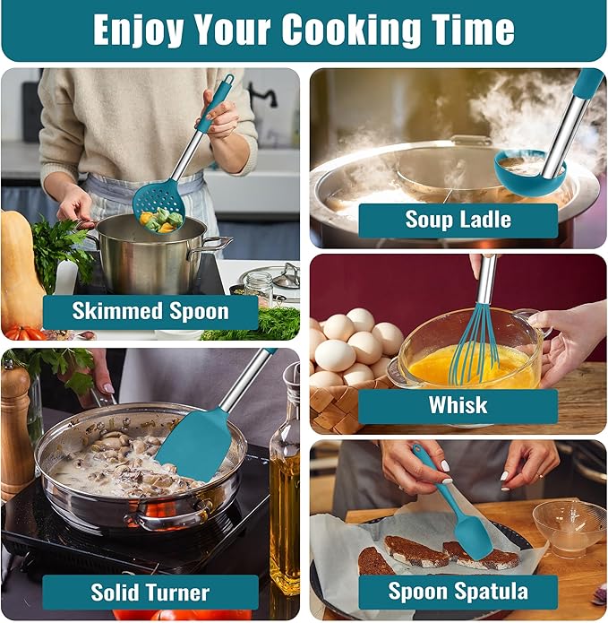 E-far 14 Pieces Silicone Cooking Utensils Set, Kitchen Utensils Set with Holder, Spatula, Ladle, Spoon, Tong, Slotted Turner for Nonstick Cookware, 446°F Heat Resistant & Stainless Steel Handle, Blue