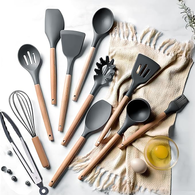 Silicone Cooking Utensil Set,12 PCS Cooking Cookware Kitchen Utensils Set, Nonstick 446°F Heat-Resistant Cookware Kitchen Tools of Spatula,Turner Tongs,Spoon,Brush,Whisk,（gray）