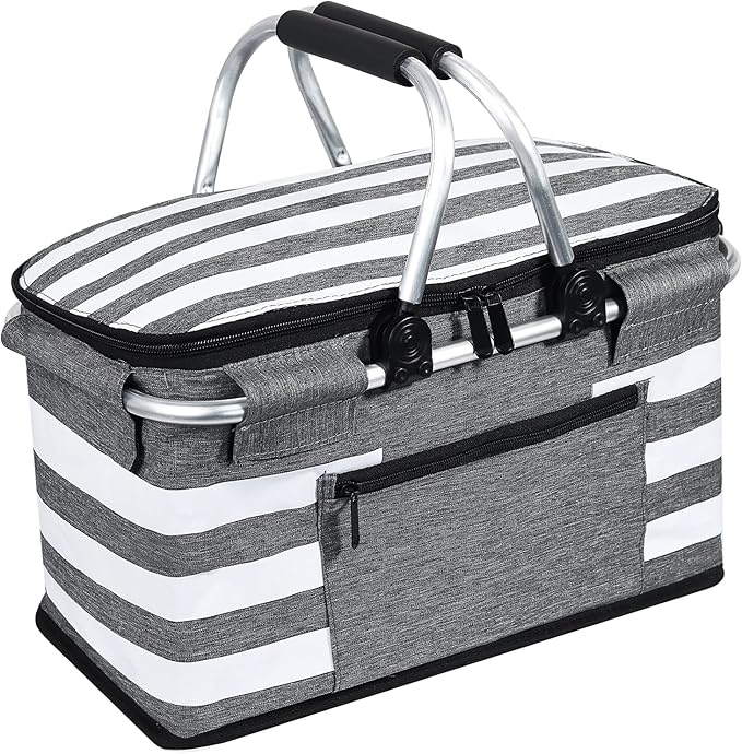 Insulated Picnic Basket,Leak-Proof Collapsible Cooler Bag,26L Grocery Basket with Lid,2 Sturdy Handles,Storage Basket for Picnic,Food Delivery,Take Outs,Market Shopping,Travel (Gray)