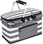 Insulated Picnic Basket,Leak-Proof Collapsible Cooler Bag,26L Grocery Basket with Lid,2 Sturdy Handles,Storage Basket for Picnic,Food Delivery,Take Outs,Market Shopping,Travel (Gray)
