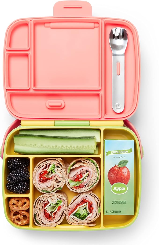 Munchkin Lunch Bento Box for Kids and Toddlers, Includes Stainless Steel Utensils, BPA-Free, 18 Months and Up, Pink/Green/Yellow