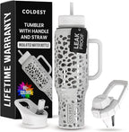 Coldest Tumbler with Handle and Straw, 100% Leak Proof Insulated Tumbler with Lid and Straw (3 Lids), Stainless Steel Tumblers for Women & Men, Cup Holder Friendly, 46 oz (Silver Leopard)