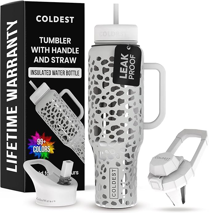 Coldest Tumbler with Handle and Straw, 100% Leak Proof Insulated Tumbler with Lid and Straw (3 Lids), Stainless Steel Tumblers for Women & Men, Cup Holder Friendly, 46 oz (Silver Leopard)
