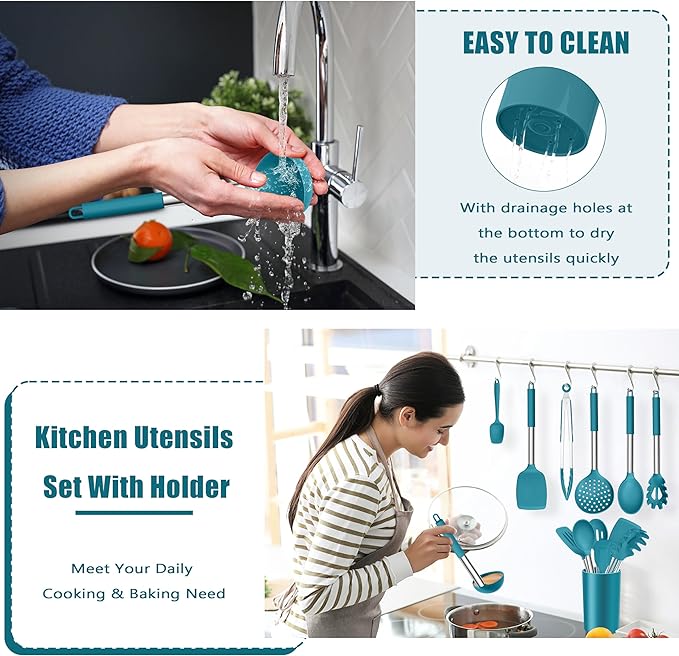 E-far 14 Pieces Silicone Cooking Utensils Set, Kitchen Utensils Set with Holder, Spatula, Ladle, Spoon, Tong, Slotted Turner for Nonstick Cookware, 446°F Heat Resistant & Stainless Steel Handle, Blue