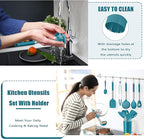 E-far 14 Pieces Silicone Cooking Utensils Set, Kitchen Utensils Set with Holder, Spatula, Ladle, Spoon, Tong, Slotted Turner for Nonstick Cookware, 446°F Heat Resistant & Stainless Steel Handle, Blue