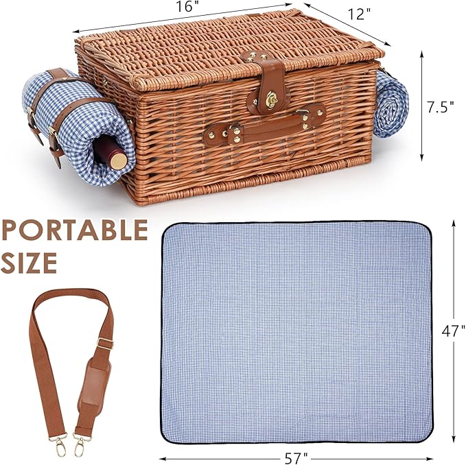 Picnic Basket for 4, Insulated Willow Picnic Baskets with Shoulder Strap, Picnic Hamper with Waterproof Picnic Blanket, Handmade Wicker Hamper for Outdoor, Great Gifts for Thanksgiving, Christmas