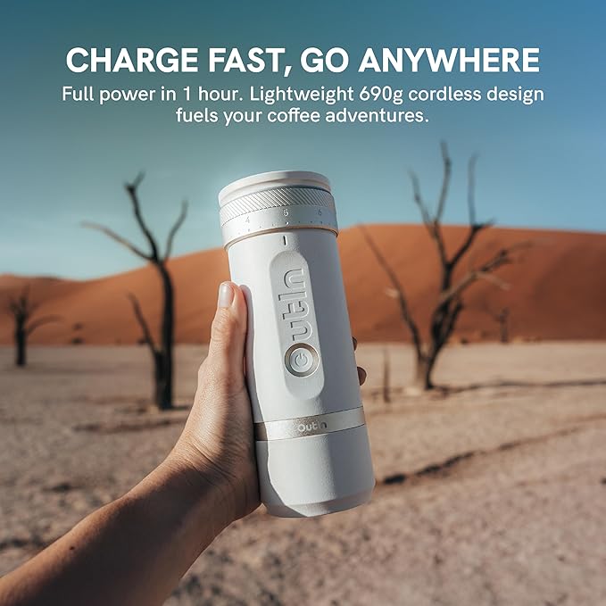 OutIn Fino Portable Electric Coffee Grinder,Adjustable Coffee Bean Grinder with 28 Precise Grind Setting,One-Button Burr Coffee Grinder with Fast‑Charge Battery, Auto‑Stop & Clog‑Protection
