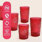 12pcs Vintage Drinking Glasses Set, 12 oz Highball Glasses & 9 oz Embossed Ribbed Glassware Cups for Cocktail, Water, Juice, Coffee, Whiskey (Christmas Red)