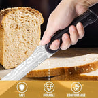 10-Inch Serrated Knife with Finger Ring, 5Cr15MoV Steel Blade, Full-Tang, Pakka Wood Handle, Damascus Pattern – Ideal for Bread, Fruits, and Vegetables
