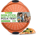 NutriChef 13-Inch Nonstick Pizza Tray - Round Carbon Steel Non-Stick Pizza Baking Pan with Perforated Holes, Premium Bakeware Pizza Screen with Silicone Grip Handles, Dishwasher Safe - Copper