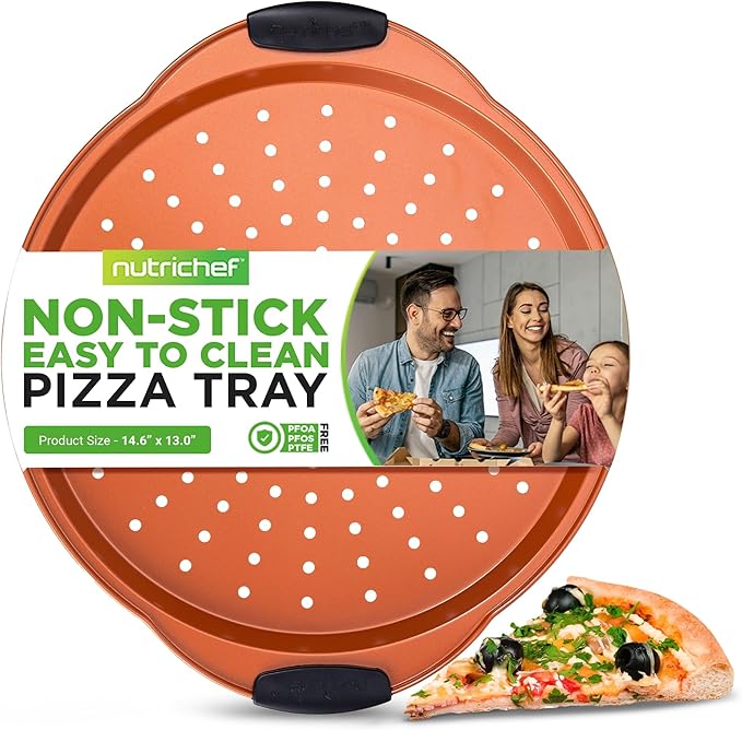 NutriChef 13-Inch Nonstick Pizza Tray - Round Carbon Steel Non-Stick Pizza Baking Pan with Perforated Holes, Premium Bakeware Pizza Screen with Silicone Grip Handles, Dishwasher Safe - Copper