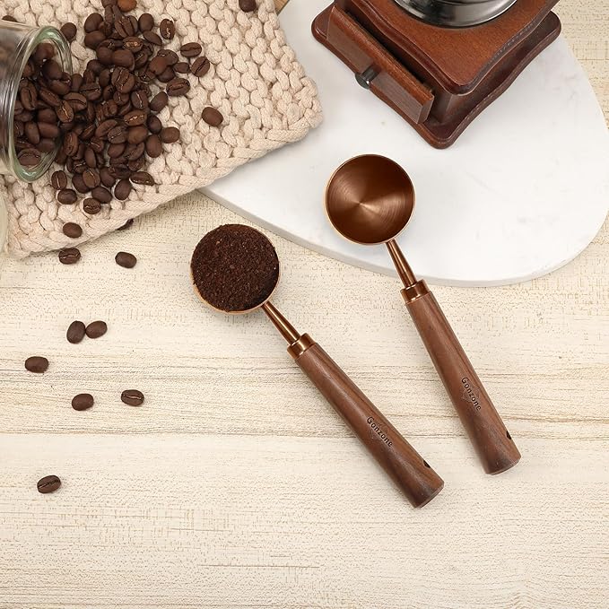 Vintage Coffee Measuring Spoon - 304 Stainless Steel, Coffee Scoop，10g Capacity, Walnut Handle - Perfect for Coffee, Tea, and More (Rose Gold（2pcs）)