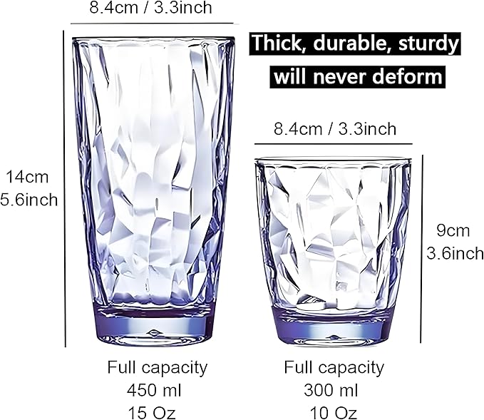 15Oz Unbreakable Tritan Drinking Glasses Shatterproof Acrylic Glasses Drinkware BPA Free Hard Plastic Cups Reusable Kitchen Water Glasses Drinking Set of 6 (Blue)