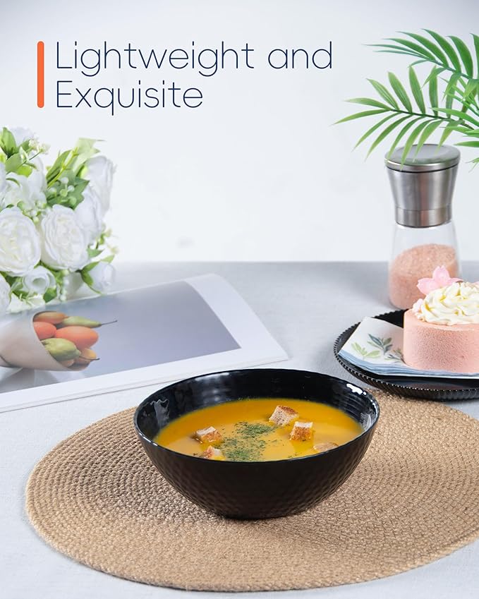 27 OZ Max Cereal Soup Bowl Set of 6, Thin Light & Durable Opal Glass 7.2 inch Black Geometric Faceted Bowls for Ramen, Noodle, Salad, Fruit, Dishwasher and Microwave Safe