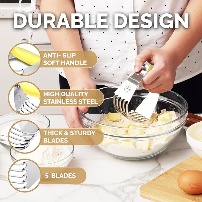 Zulay Kitchen Dough Blender - Stainless Steel Pastry Cutter, Heavy Duty Dough Cutter With Blades, Pastry Blender And Butter Cutter - Pastry Cutter For Baking (Yellow)