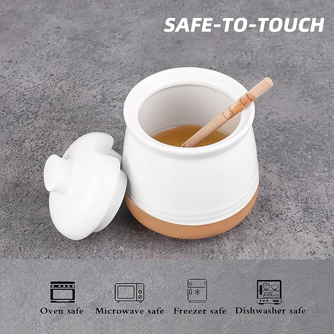 LEETOYI Honey jar with Lid and Wooden Dipper, 12 oz Ceramic Honey Container Dispenser for Home, Microwave & Dishwasher Safe, White